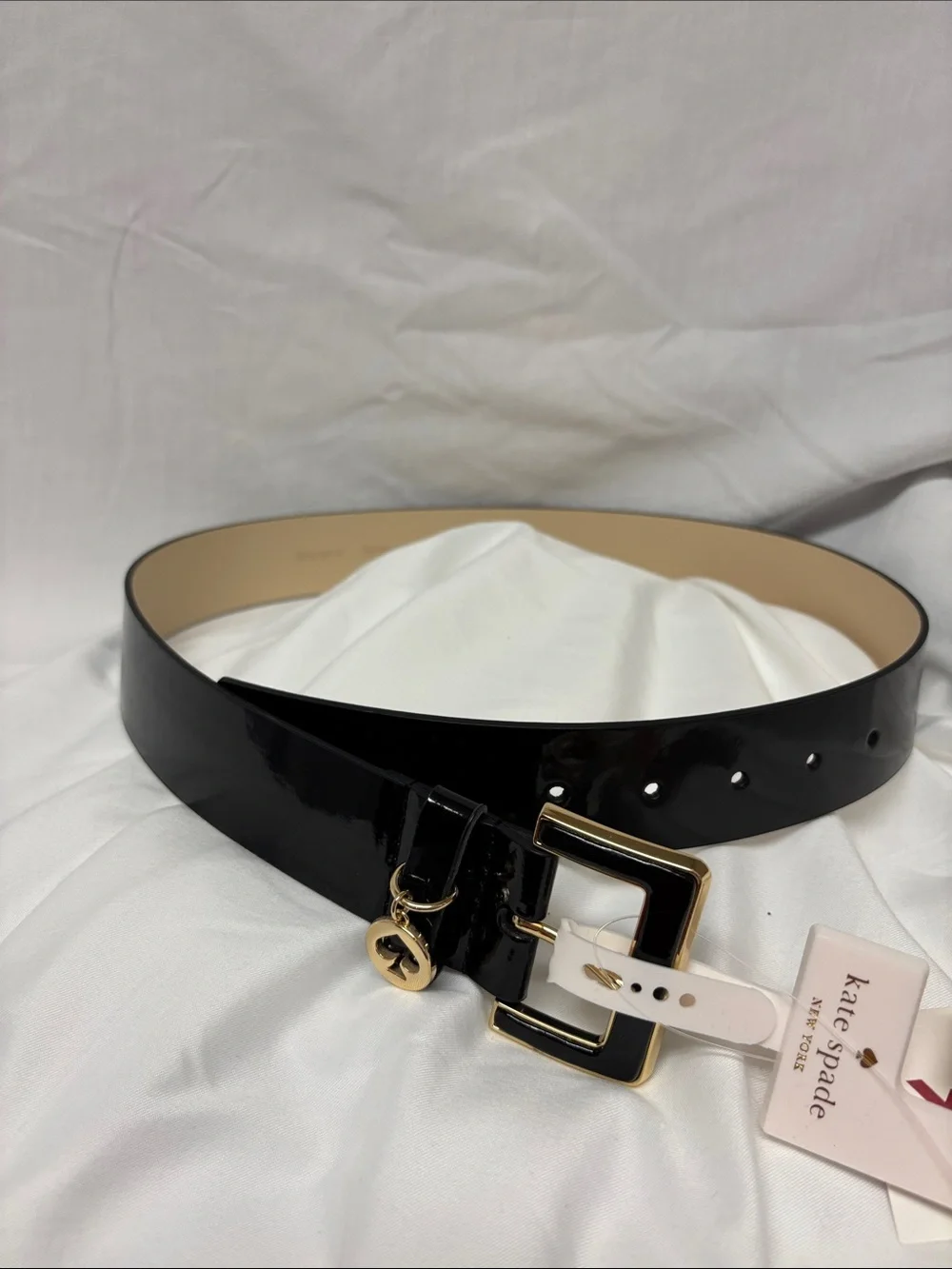 kate spade Black Patent Leather Belt with Gold Buckle and Charm